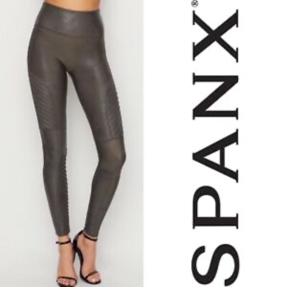Spanx Faux Leather Moto Leggings High Rise Compression Gunmetal Gray Size S
